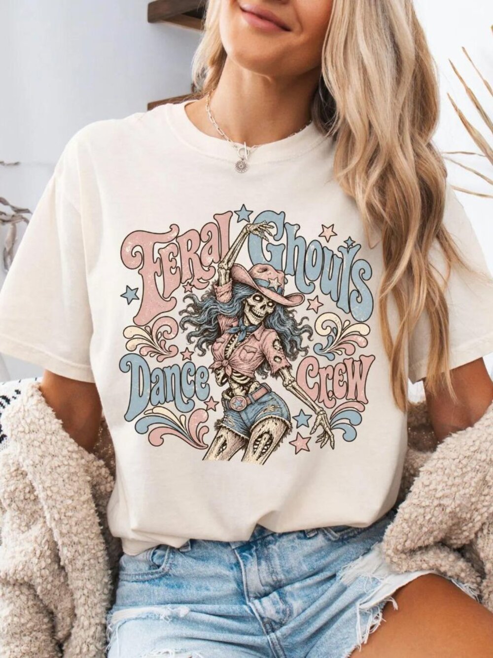 Feral Ghouls Dance Crew S Shirt, Skeleton Cowgirl, Western Spooky Season Tee